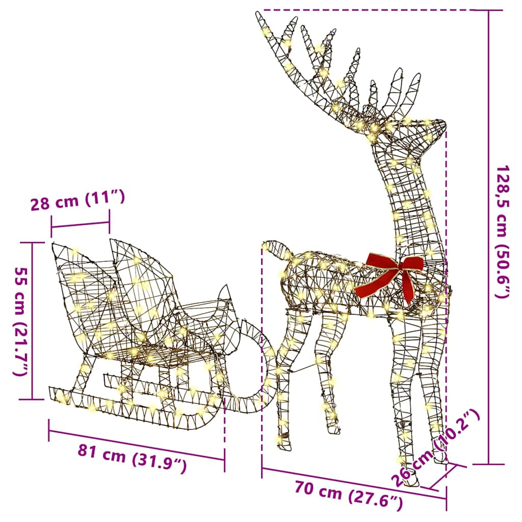 Reindeer Pull Sleigh Warm white 70 x 26 x 128.5 cm Rattan